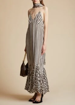 The Candita Dress In Ivory With Dark Brown Stripes