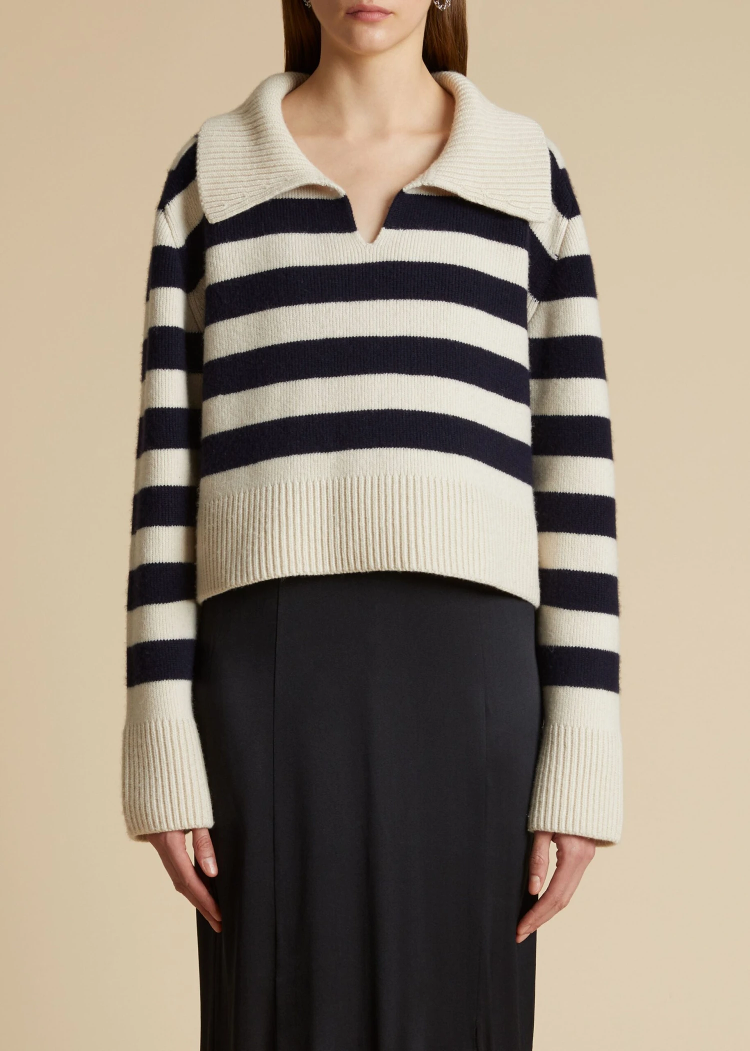 The Franklin Sweater In Magnolia With Navy Stripes 1 The Franklin Sweater In Magnolia With Navy Stripes
