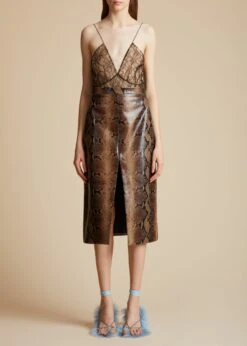 The Fraser Skirt In Brown Python-Embossed Leather